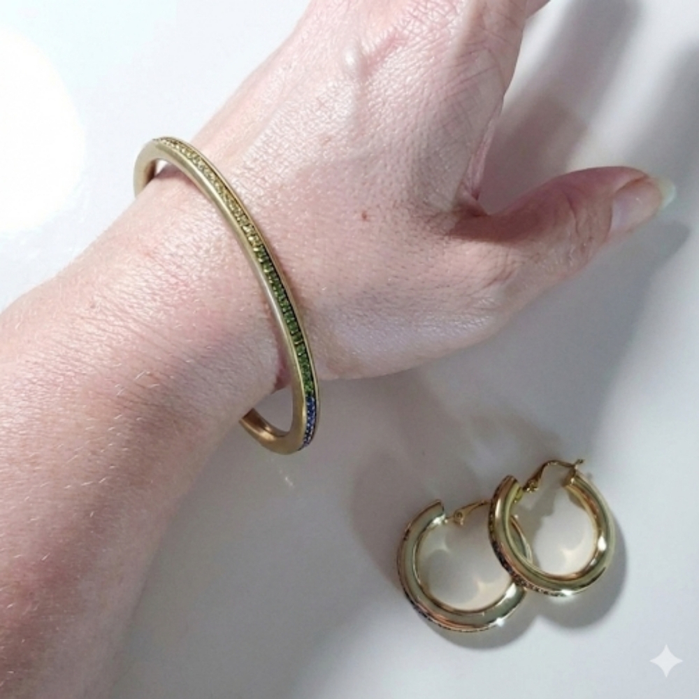 Bracelet & Earrings Set NEW Gold Plated Vintage Rainbow Glass Rhinestone Clip-On - Picture 7 of 11